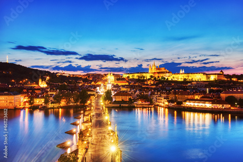 Aerial View of Illuminated Charles Bridge at Dusk, Prague © romanslavik.com