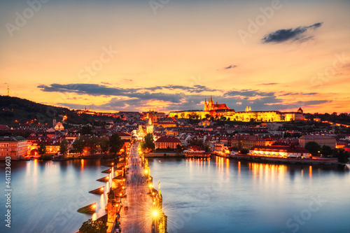 Aerial View of Illuminated Charles Bridge at Dusk, Prague