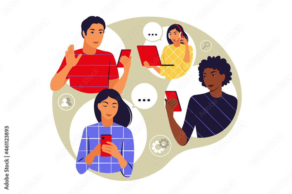 Remote team concept. Team talking online meeting. Videoconference and web communication concept. Vector illustration. Flat.