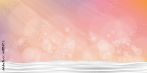 Vector Winter snow on floor with pink and orange colour background, Illustration banner with abstract blurry bokeh light effect for Christmas and Happy New year 2022 banner or template