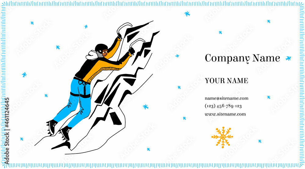 Vector illustration of a business card layout with text. Concept advertising winter sports, ice climbing, companies and representatives of clothing, equipment, group members. Ice climber is depicted