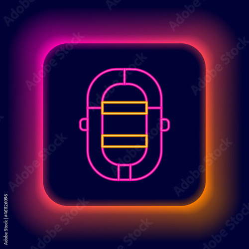 Glowing neon line Rafting boat icon isolated on black background. Inflatable boat. Water sports, extreme sports, holiday, vacation. Colorful outline concept. Vector