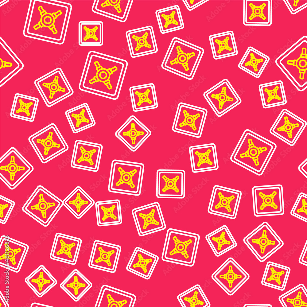 Line Safe icon isolated seamless pattern on red background. The door safe a bank vault with a combination lock. Reliable Data Protection. Vector Line Safe icon isolated seamless pattern on red background. The door safe a bank vault with a combination lock. Reliable Data Protection. Vector