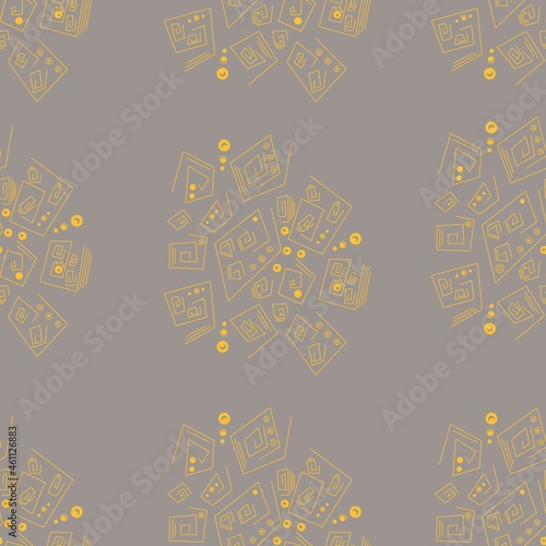 Seamless abstract geometric pattern. Yellow and grey. Dots, polygons, square swirls, circles. Ethnic style. Designed for textile fabrics, wrapping paper, background, wallpaper cover.