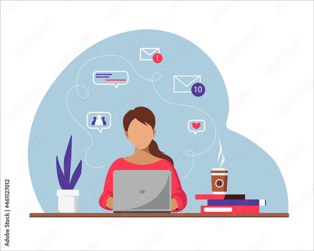 Woman with laptop, education or work concept. A table with folders, a coffee glass. Vector illustration in flat style Woman with laptop, education or work concept. A table with folders, a coffee glass. Vector illustration in flat style