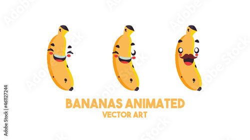 Group of animated bananas. Cartoon style bananas in shades of yellow. Smiling bananas, blinking and with a mustache. Advertising friendly bananas.