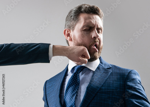 Hes a punching bag. Employee got punch in chin. Man punched in face. Fighting and punching