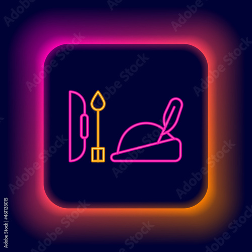 Glowing neon line Robin hood hat with feather, bow and arrow icon isolated on black background. Colorful outline concept. Vector