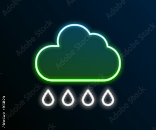 Glowing neon line Cloud with rain icon isolated on black background. Rain cloud precipitation with rain drops. Colorful outline concept. Vector