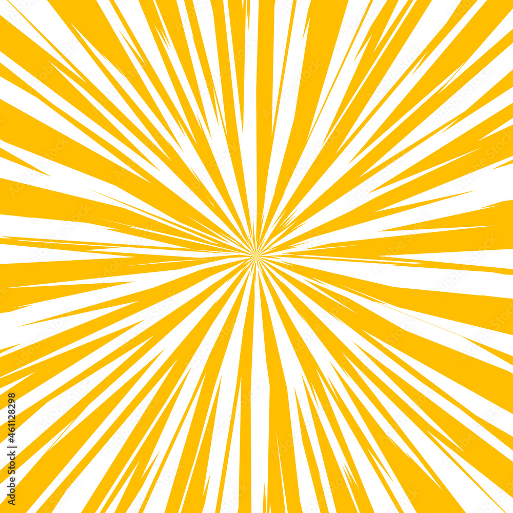 Obraz premium Pop art radial colorful comics book magazine cover. Striped yellow and white digital background. Cartoon funny retro pattern strip mock up. Vector halftone illustration. Sunburst, starburst shape