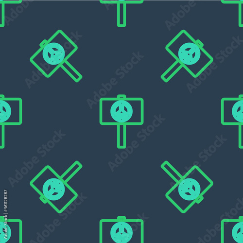 Line Peace icon isolated seamless pattern on blue background. Hippie symbol of peace. Vector