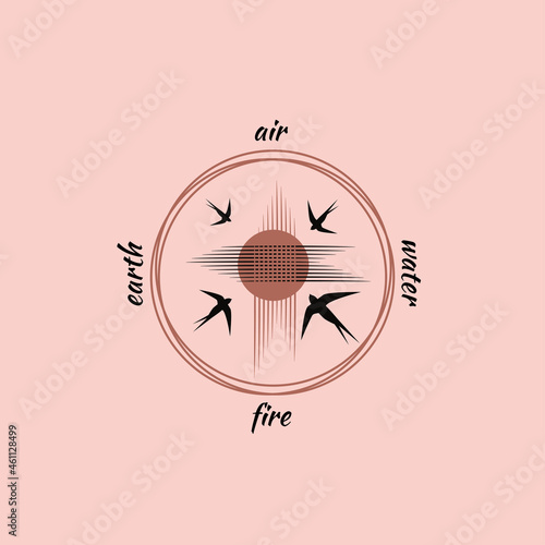 Flock of swallows flies to the bright sun, tree, mountains, clouds. Pink background and black birds. Round frame for logo, text earth water fire air. Vector illustration for design.