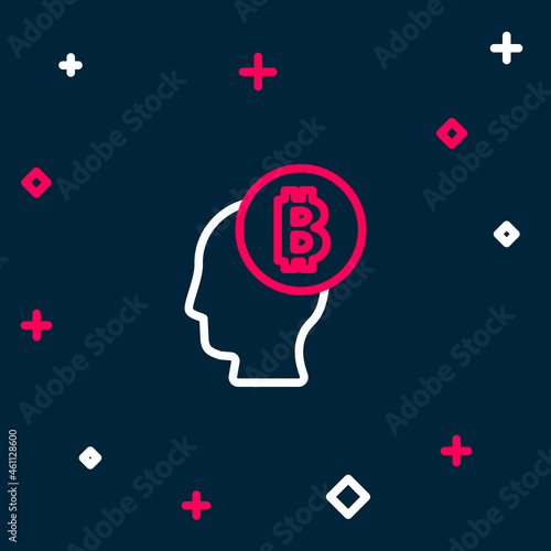 Line Bitcoin think icon isolated on blue background. Cryptocurrency head. Blockchain technology, digital money market, cryptocoin wallet. Colorful outline concept. Vector