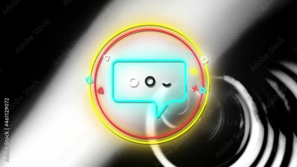 Animation of blue neon speech bubble in red and yellow rings, over moving white rings on black Animation of blue neon speech bubble in red and yellow rings, over moving white rings on black