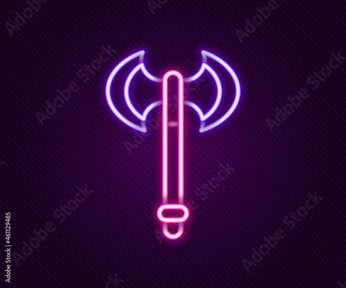 Glowing neon line Medieval axe icon isolated on black background. Battle axe, executioner axe. Medieval weapon. Colorful outline concept. Vector