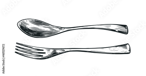 Fork spoon table setting food. Design element for restaurant or cafe menu. Hand drawn sketch vintage vector illustration
