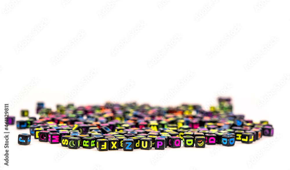 black square beads with letters on white background