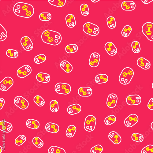 Line Fitness club, gym card icon isolated seamless pattern on red background. Vector