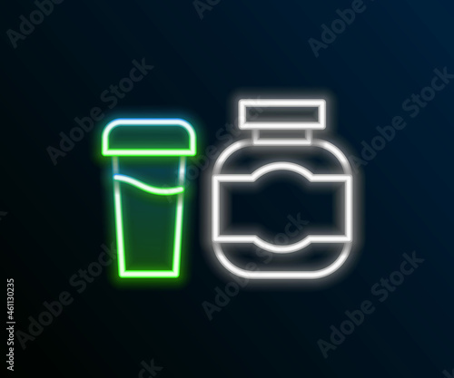 Glowing neon line Sports nutrition bodybuilding proteine power drink and food icon isolated on black background. Colorful outline concept. Vector