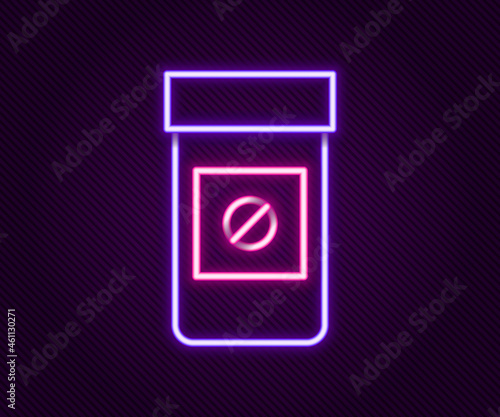 Glowing neon line Sports doping, anabolic drugs icon isolated on black background. Anabolic steroids tablet. Pills in jar. Colorful outline concept. Vector
