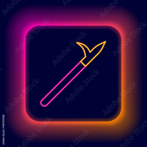 Glowing neon line Metal pike pole with wooden handle icon isolated on black background. Spear, pickaxe, hook hand extinguishing instrument and tool for fireman. Colorful outline concept. Vector
