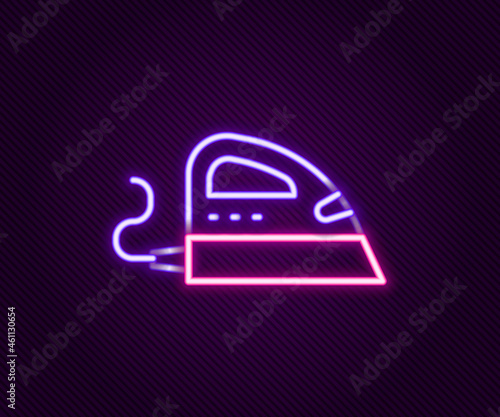 Glowing neon line Electric iron icon isolated on black background. Steam iron. Colorful outline concept. Vector © Kostiantyn