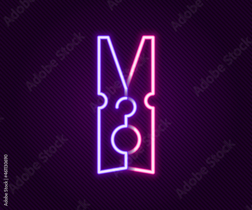 Glowing neon line Old wood clothes pin icon isolated on black background. Clothes peg. Colorful outline concept. Vector