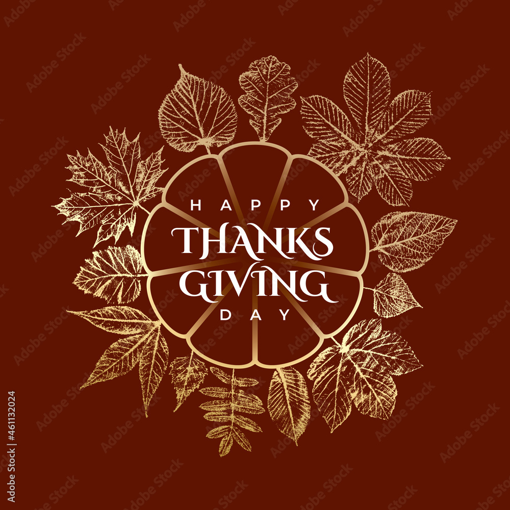 Happy Thanksgining Day Inverted Pumpkin Shape Logo with Maple Hazel Oak Sycamore and Other Fall Leaves Greetings Template - Gold on Brown Background - Hand Drawn Design