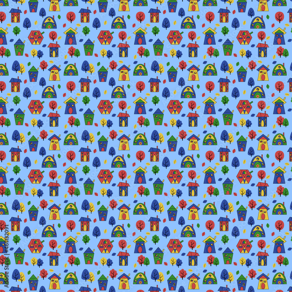 Fototapeta premium Multicolored pattern with houses and trees