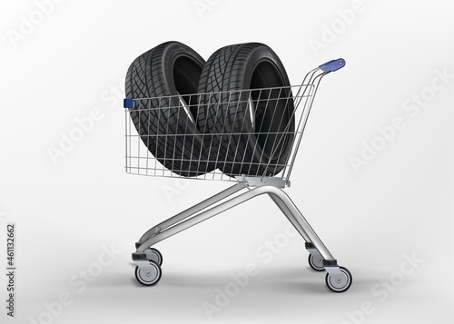 Car tires in the grocery basket. Shopping trolley with wheels. A pair of car wheels with cast rims and new tiresю. Tire set. Wheel icon. Tire shop, tyres change auto service. Isolated.
