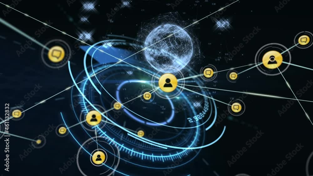 Network of digital icons against spinning globe over round scanner on black background Network of digital icons against spinning globe over round scanner on black background