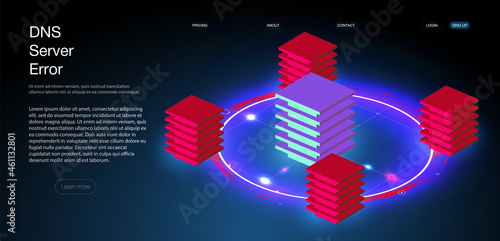 Server room isometric, Cloud storage data, Data center, Big data processing and computing technology. DNS server error and global failure of all social networks