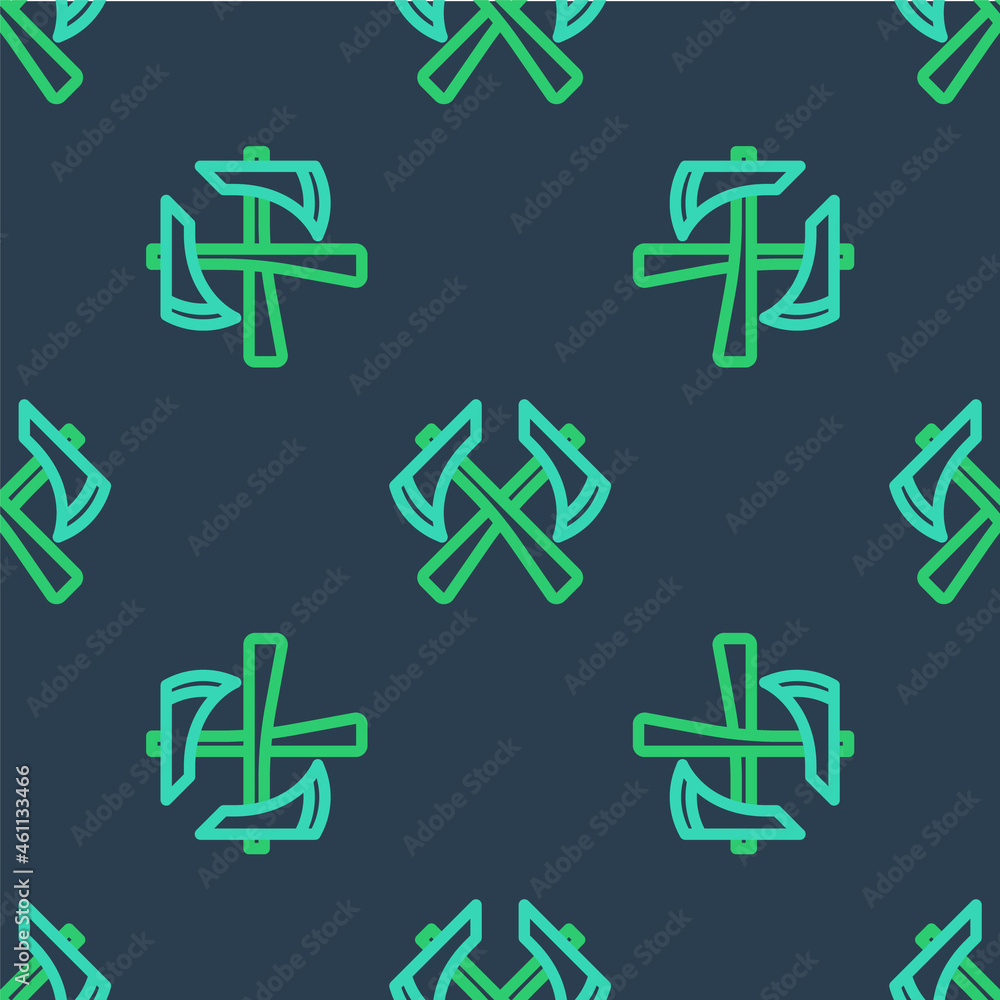 Obraz premium Line Firefighter axe icon isolated seamless pattern on blue background. Fire axe. Vector