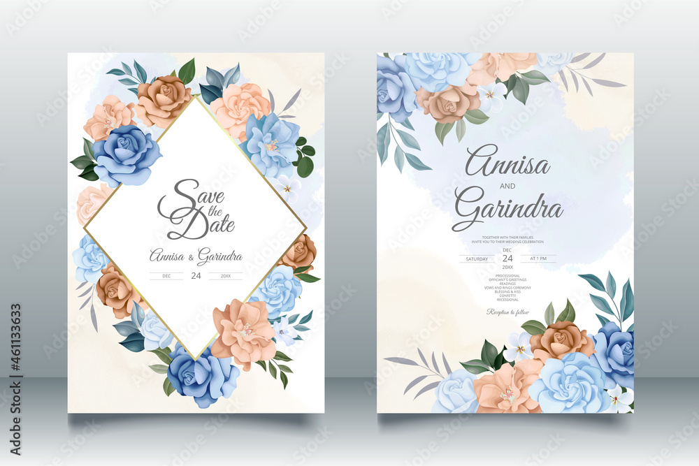  Romantic Wedding invitation card template set with beautiful blue floral leaves Premium Vector