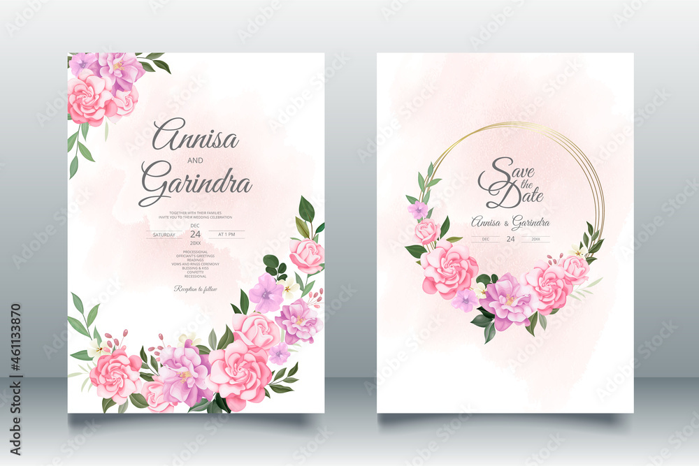 Elegant wedding invitation card with beautiful floral and leaves template Premium Vector	
