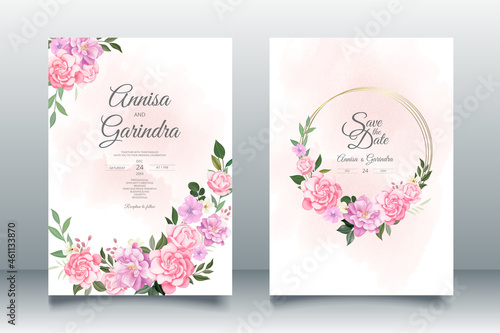 Elegant wedding invitation card with beautiful floral and leaves template Premium Vector	
