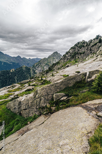 View of a high alpine landscape of Bergell (Bregaglia), Switzerland and Italy. Summer alpine mountain landscape.
