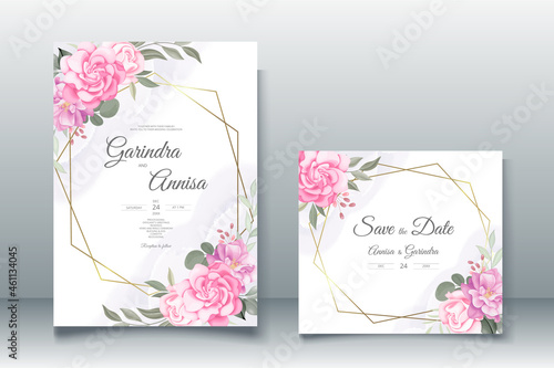 Elegant wedding invitation cards template with pink and blush roses design Premium Vector	