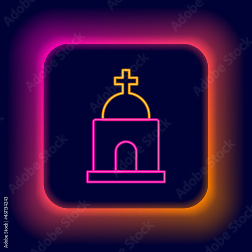 Glowing neon line Old crypt icon isolated on black background. Cemetery symbol. Ossuary or crypt for burial of deceased. Colorful outline concept. Vector