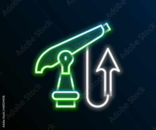 Glowing neon line Fishing harpoon icon isolated on black background. Fishery manufacturers for catching fish under water. Diving underwater equipment. Colorful outline concept. Vector