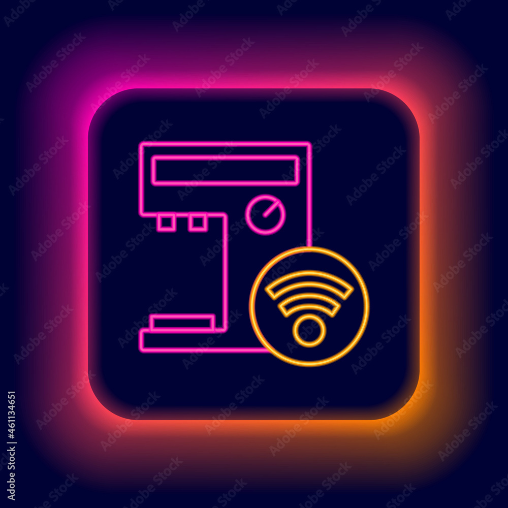 Glowing neon line Smart coffee machine system icon isolated on black background. Internet of things concept with wireless connection. Colorful outline concept. Vector Glowing neon line Smart coffee machine system icon isolated on black background. Internet of things concept with wireless connection. Colorful outline concept. Vector