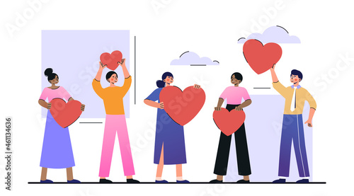 Clients choosing satisfaction rating concept. Men and women write positive reviews and put hearts. Characters give feedback about product. Cartoon flat vector illustration isolated on white background