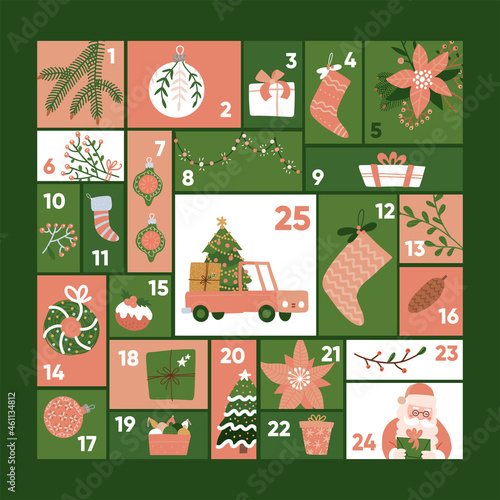 Christmas advent calendar template. Cute holiday season decoration xmas day celebration. Pastel red and green colors. Flat hand drawn vector illustration