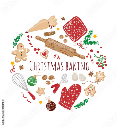 Christmas baking elements concept in circle composition. Vector illustration on white background with kitchen utensils.