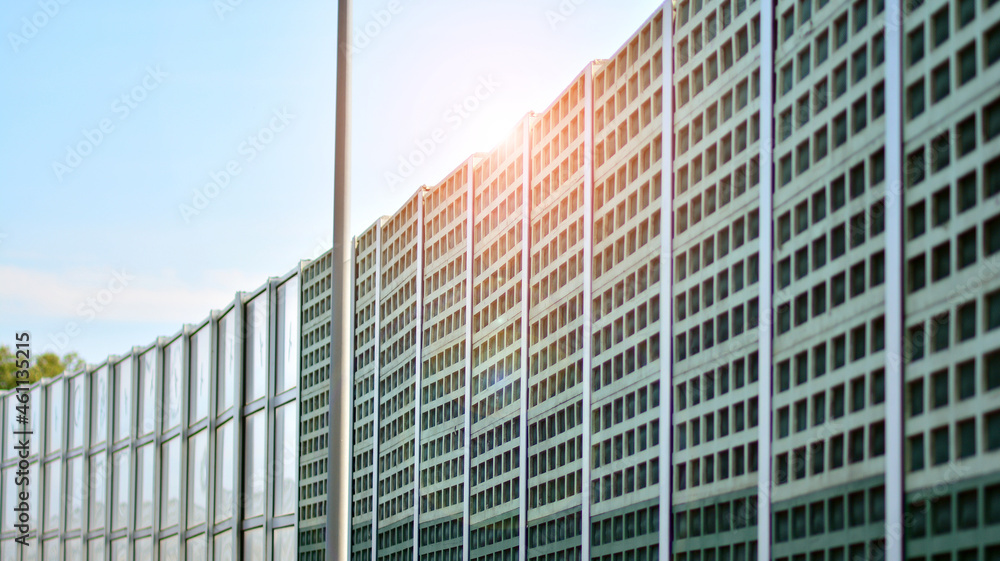 Soundproof shield. High noise insulation panels on the road. Soundproof shield. High noise insulation panels on the road.