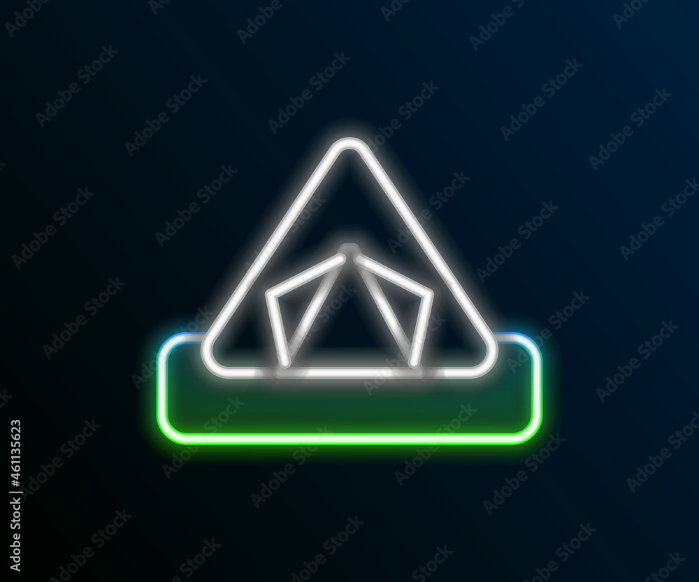 Glowing neon line Tourist tent icon isolated on black background. Camping symbol. Colorful outline concept. Vector Glowing neon line Tourist tent icon isolated on black background. Camping symbol. Colorful outline concept. Vector
