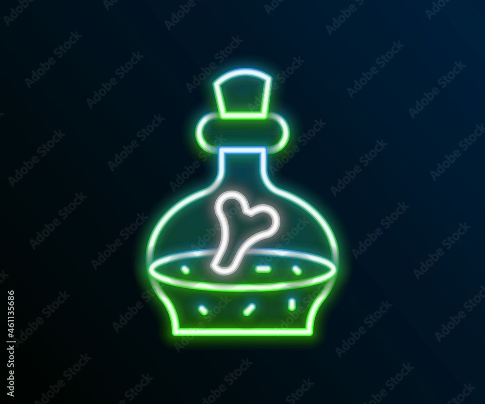 Glowing neon line Bottle with potion icon isolated on black background. Flask with magic potion. Happy Halloween party. Colorful outline concept. Vector Glowing neon line Bottle with potion icon isolated on black background. Flask with magic potion. Happy Halloween party. Colorful outline concept. Vector