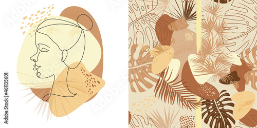 set of portrait of a girl in one line and seamless pattern with natural shapes and natural shades with dry plant leaves in vector 