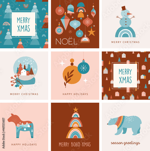 Merry Christmas Boho, Bohemian collection. Vector trendy Xmas design and illustration. Rainbows, decorations and Nordic winter elements