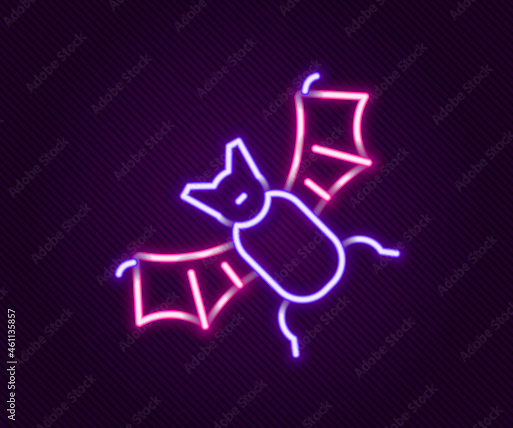 Glowing neon line Flying bat icon isolated on black background. Happy Halloween party. Colorful outline concept. Vector Glowing neon line Flying bat icon isolated on black background. Happy Halloween party. Colorful outline concept. Vector